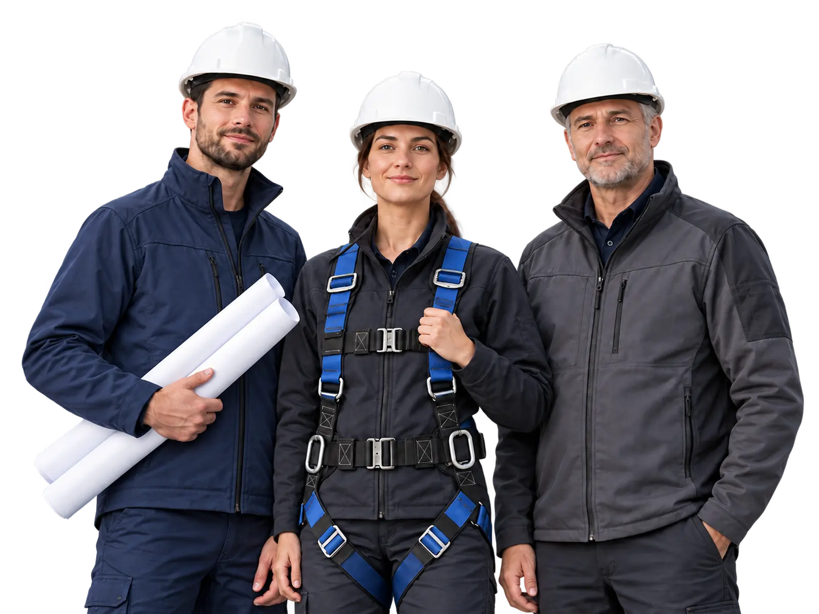 Three people in white hard hats and workwear; one holds rolled plans